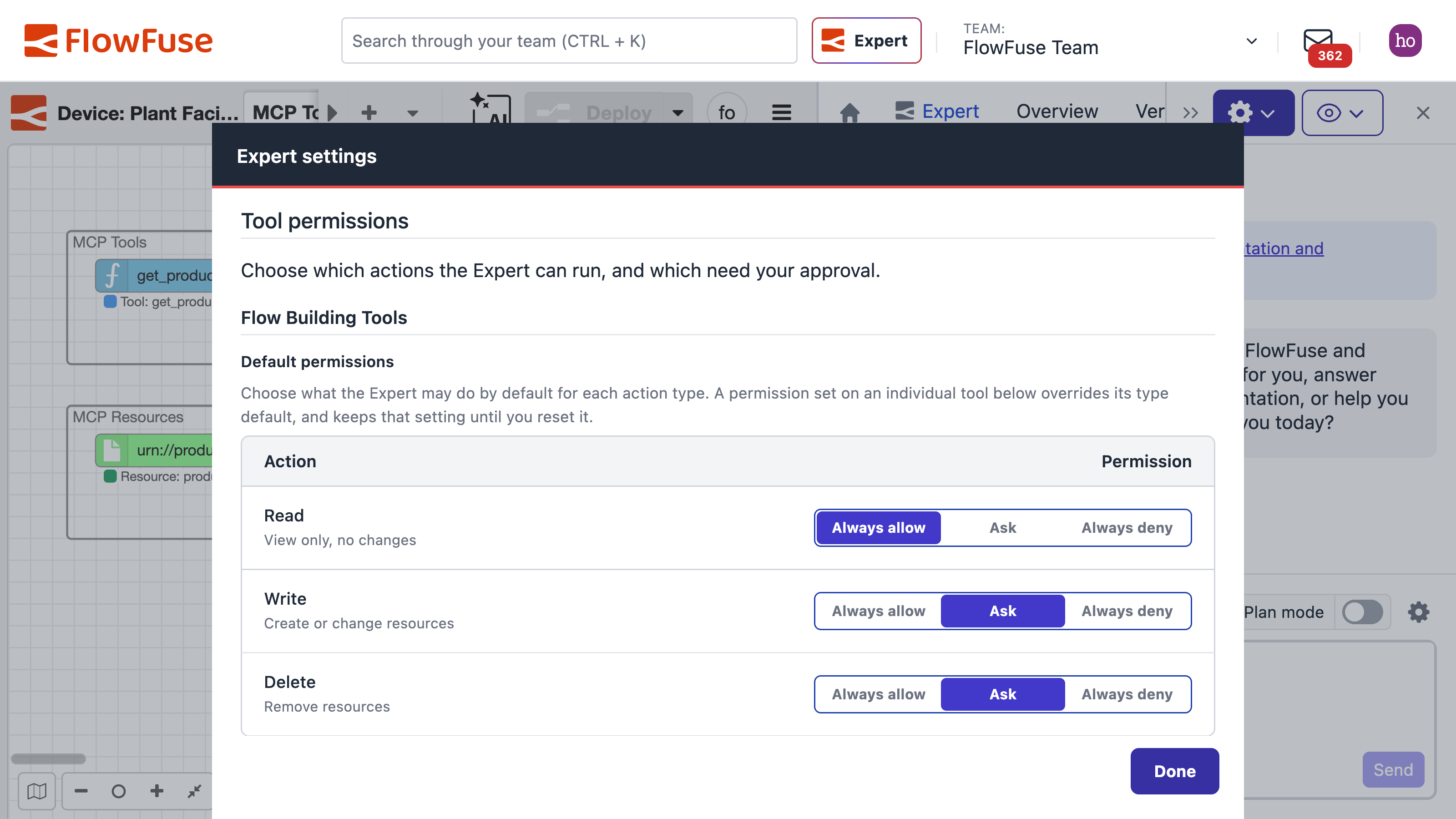 The FlowFuse Expert asking to run a tool, with Allow and Deny controls in the chat