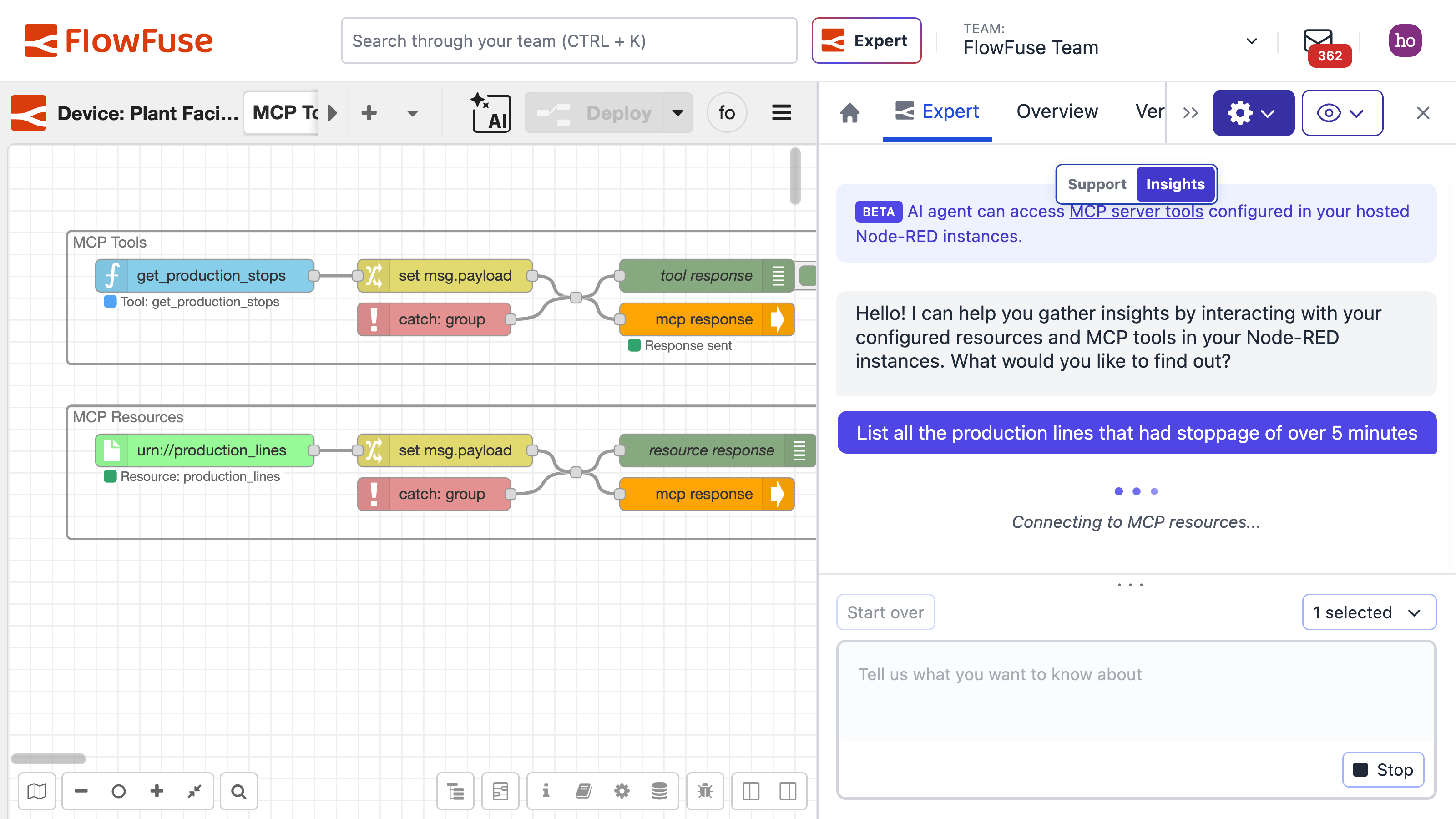 The FlowFuse Expert answering a plain-language question about live machine data