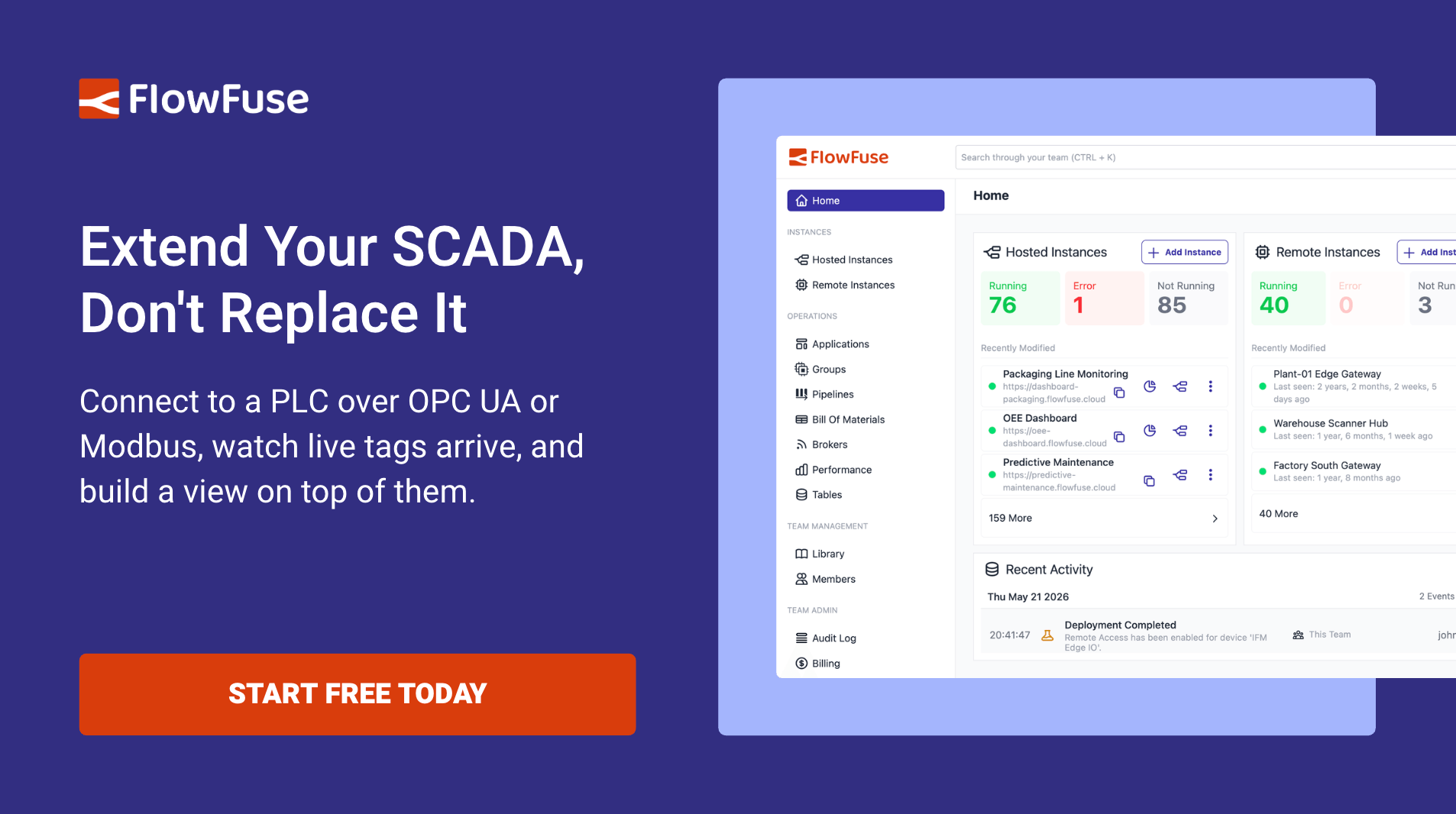 Extend your SCADA, don't replace it — connect to a PLC over OPC UA or Modbus and build a view on top